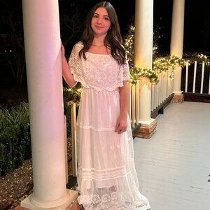 Bridal Gown SZ XXL White Lace Peasant Cut Maxi Wedding Beach Garden Boho Cowgirl